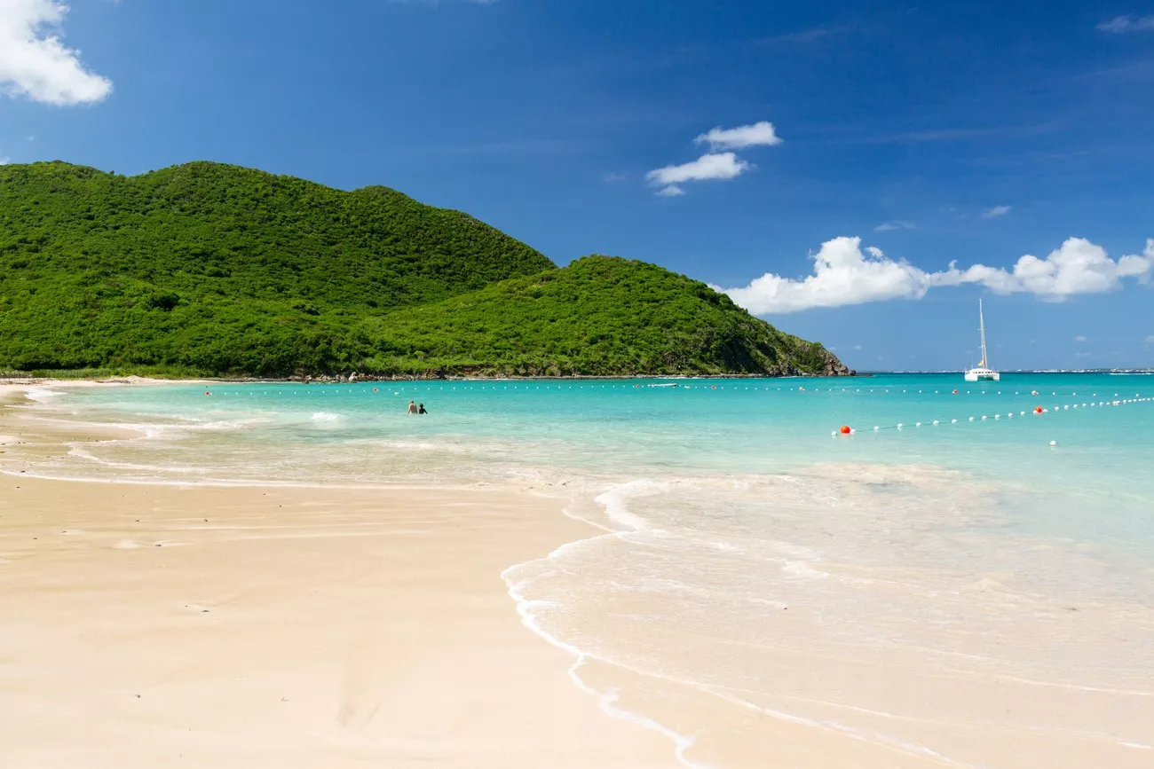 Anse Marcel beach and boats on french side of St Martin Sint Maarten Caribbean
