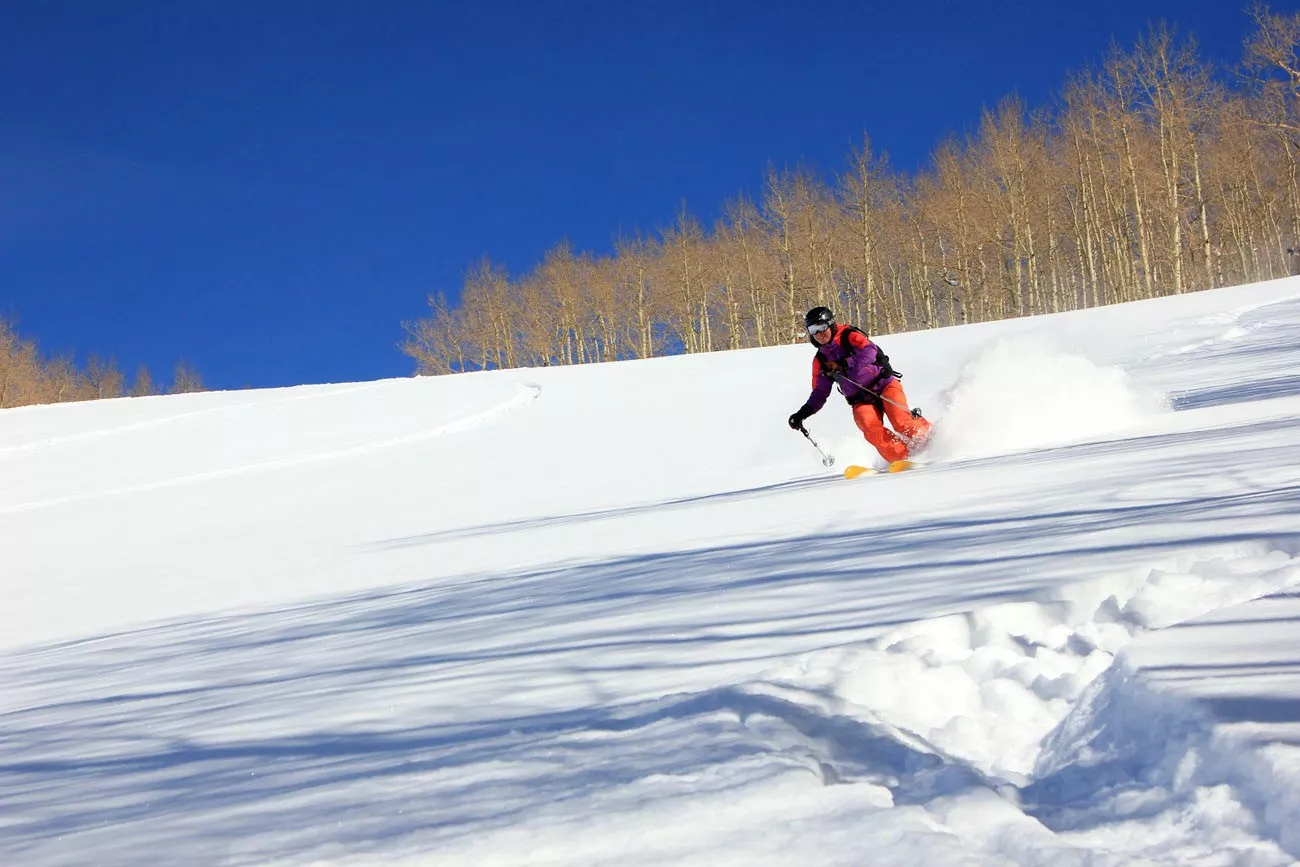 Skiing powder with aspens in the background, Aspen
